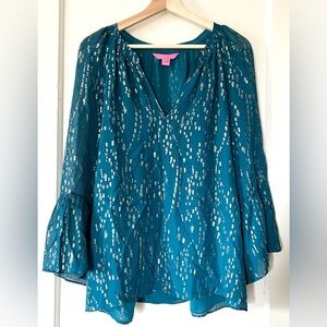 Lilly Pulitzer Matilda Silk Blouse Inky Tidal Fish Clip Chiffon L